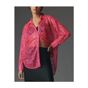 Anthropologie Metallic Lace Buttondown Shirt Pink